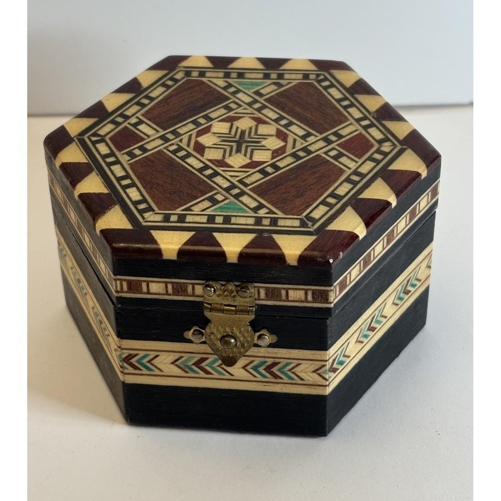 Vintage Mirrored Trinket Hexagonal Inlaid Design Wood Box Made in Granada Spain